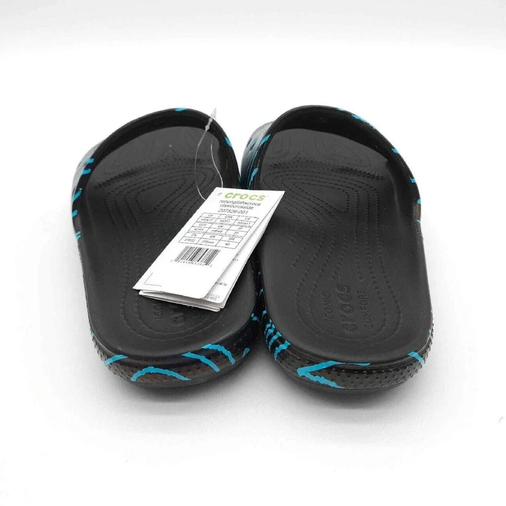 Crocs Mens 9 Womens‎ 11 Black Blue Slide Ron English Classic Zebra Print Sandals